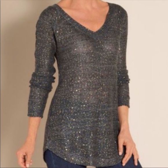 Soft Surroundings Sweaters - NWT Soft Surroundings Sequin Knit Gray V-Neck Sweater Plus 2X